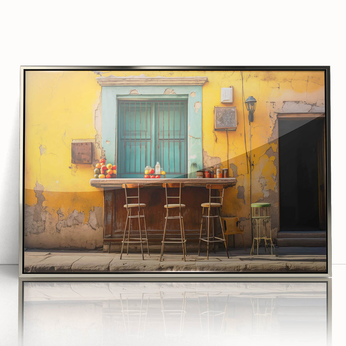 Mid-century modernist art depicting Yucatan scenery in a silver framed acrylic, featuring earthy tones.