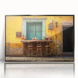 Mid-century modernist art depicting Yucatan scenery in a silver framed acrylic, featuring earthy tones.