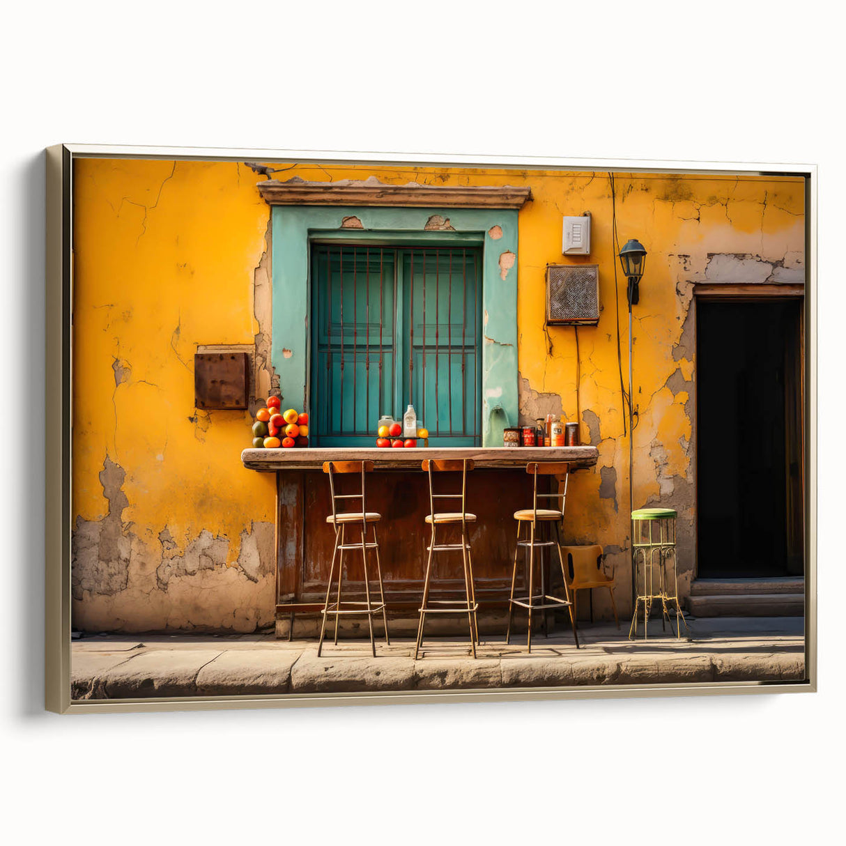 Framed canvas depicting a vintage-style Yucatan landscape in muted gold and black tones, ideal for bedroom wall art.