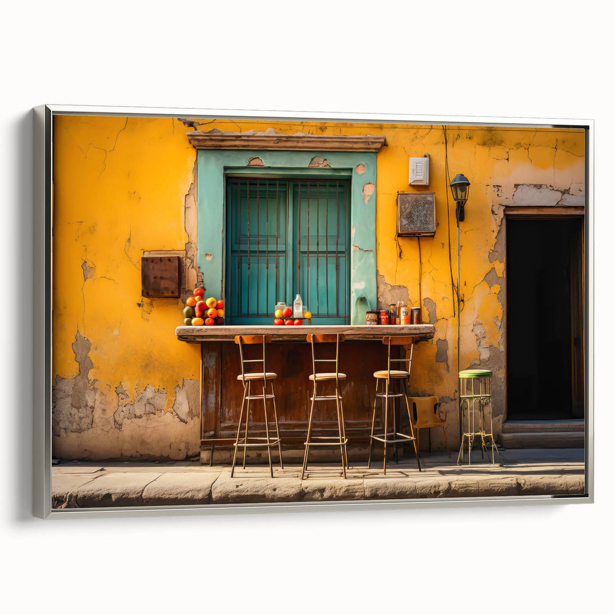 Framed canvas depicting a landscape art painting of Yucatan, Mexico, featuring vibrant colors on a black background.