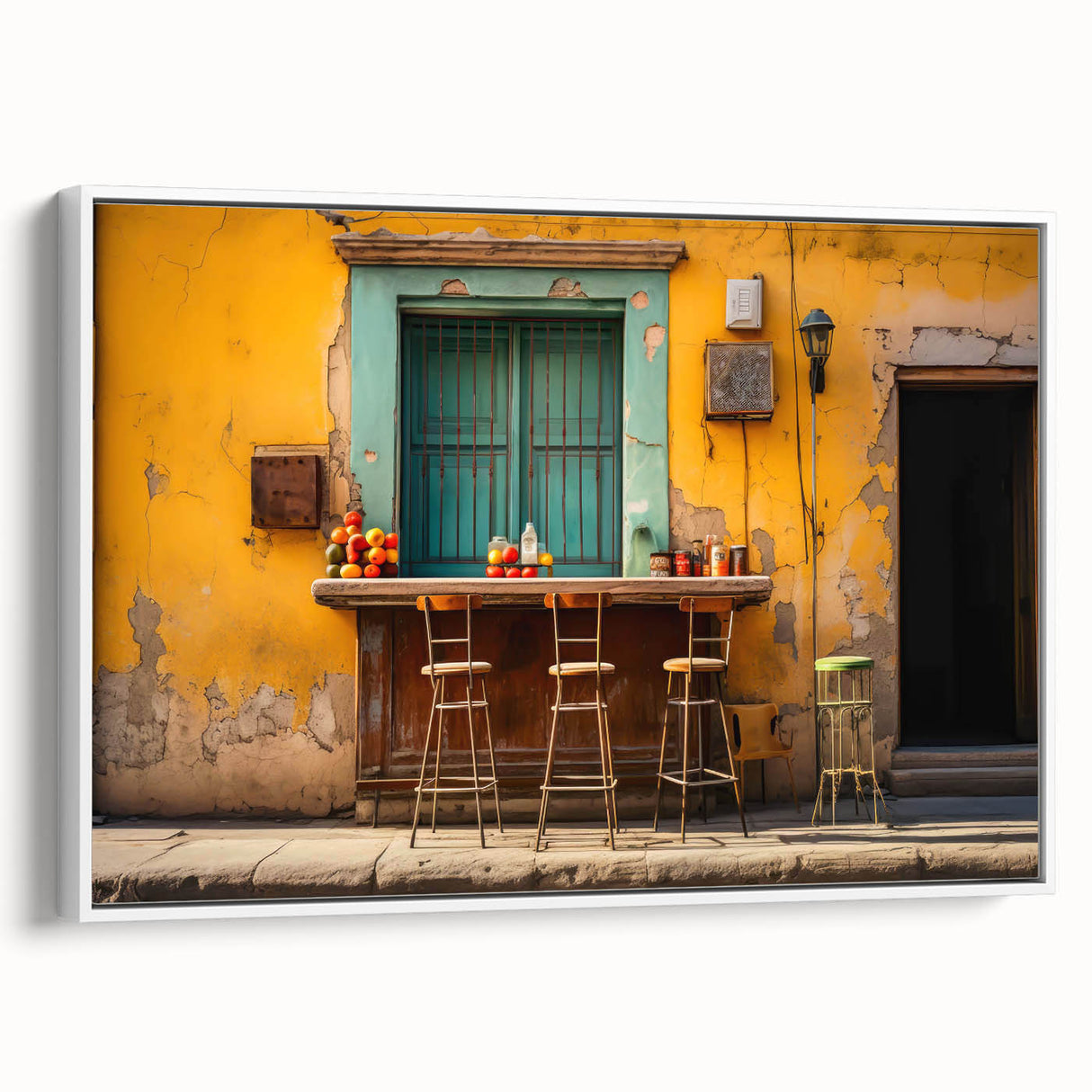 Vintage poster art of Yucatan scenery on a framed canvas, featuring vibrant colors, ideal for living room decor.