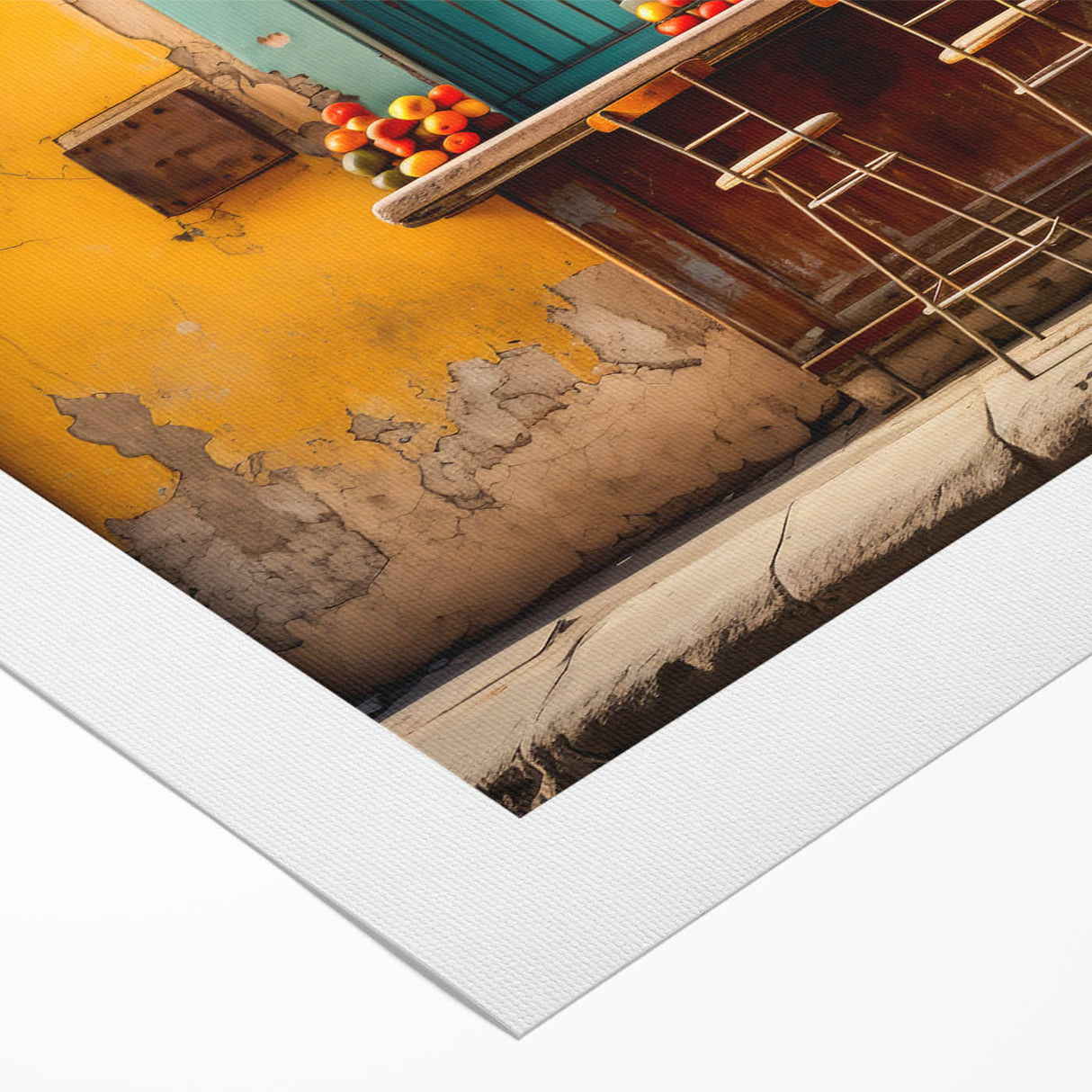 Art deco poster of Yucatan scenery in muted green and brown, rolled canvas, suitable for dining room wall.