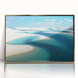 Large art print of a Brazilian landscape in mid-century modernist style, acrylic framed in gold.