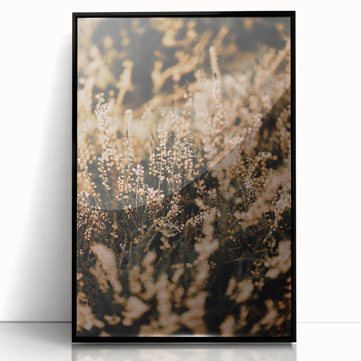 Large abstract wall art featuring autumnal shades on black acrylic, framed, in a mid-century modernist style.