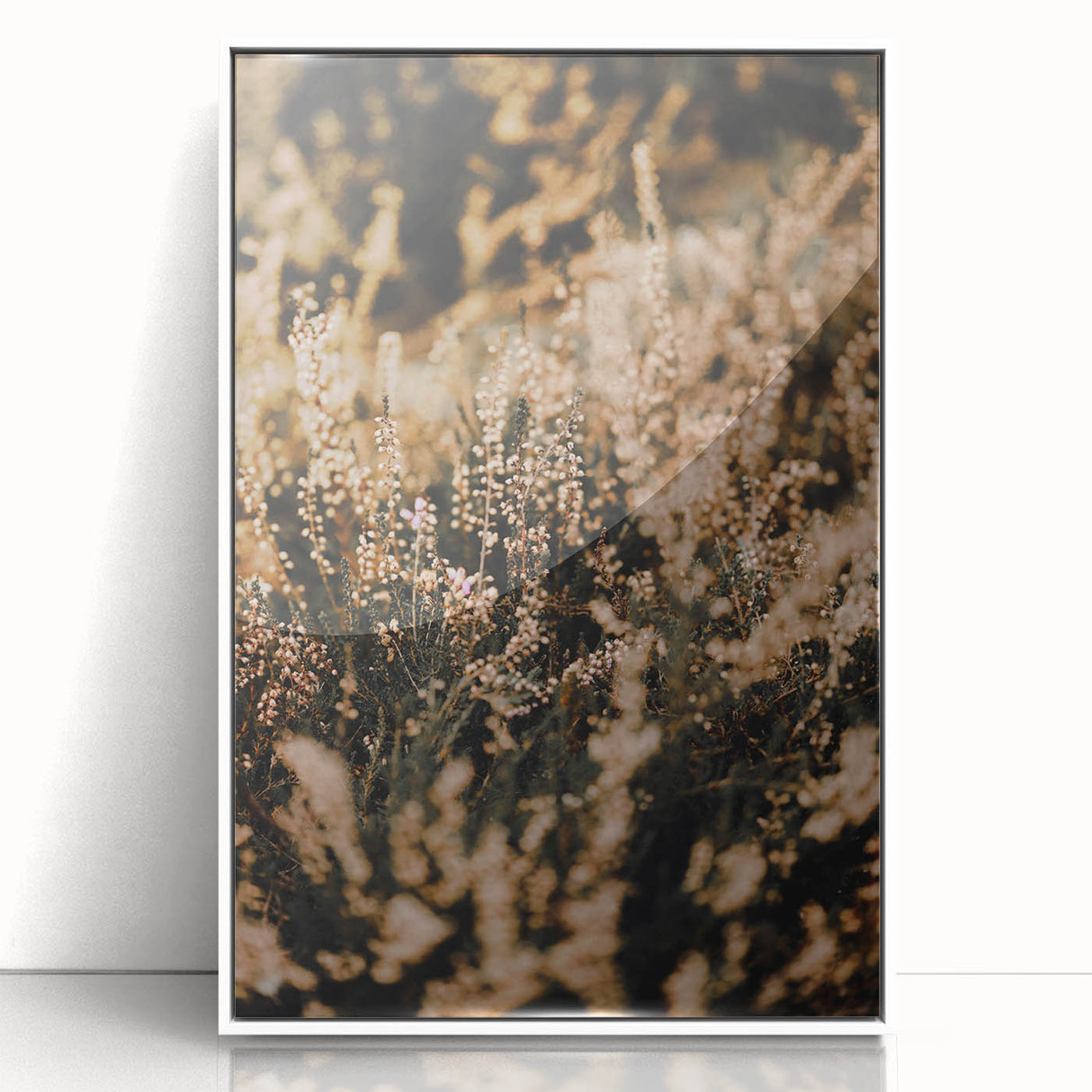 Art deco poster depicting an autumnal scene in muted orange and brown tones on a framed acrylic panel.