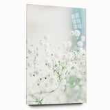 Large abstract wall art depicting spring motifs in pastel shades on acrylic glass, suitable for bedroom or dining room decor.