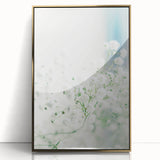Large acrylic print of spring-themed mid-century modernist art with pastel colors, framed in gold.