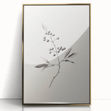 Mid-century modernist winter scene in muted blue and white tones, framed acrylic print, suitable for modern art wall decor.