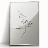 Mid-century modernist art depicting a winter scene, with muted blue and white tones on a framed acrylic.