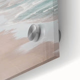 Large abstract wall art in vibrant orange and blue hues on acrylic glass, suitable for dining room ambiance.