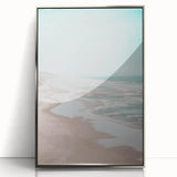 Mid-century modernist art featuring geometric shapes in muted pastel colors on a silver-framed acrylic.