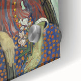 Large abstract wall art on acrylic glass featuring swirling blue and yellow tones in a mid-century modernist style.