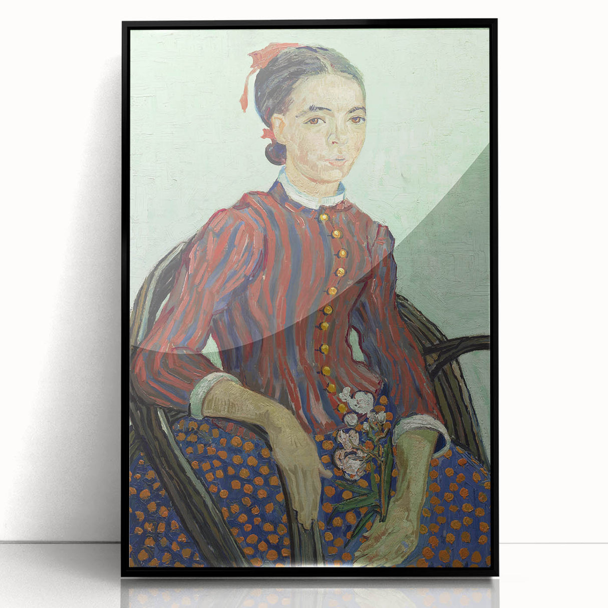 Large abstract wall art featuring swirling blue and yellow patterns on a black acrylic frame.