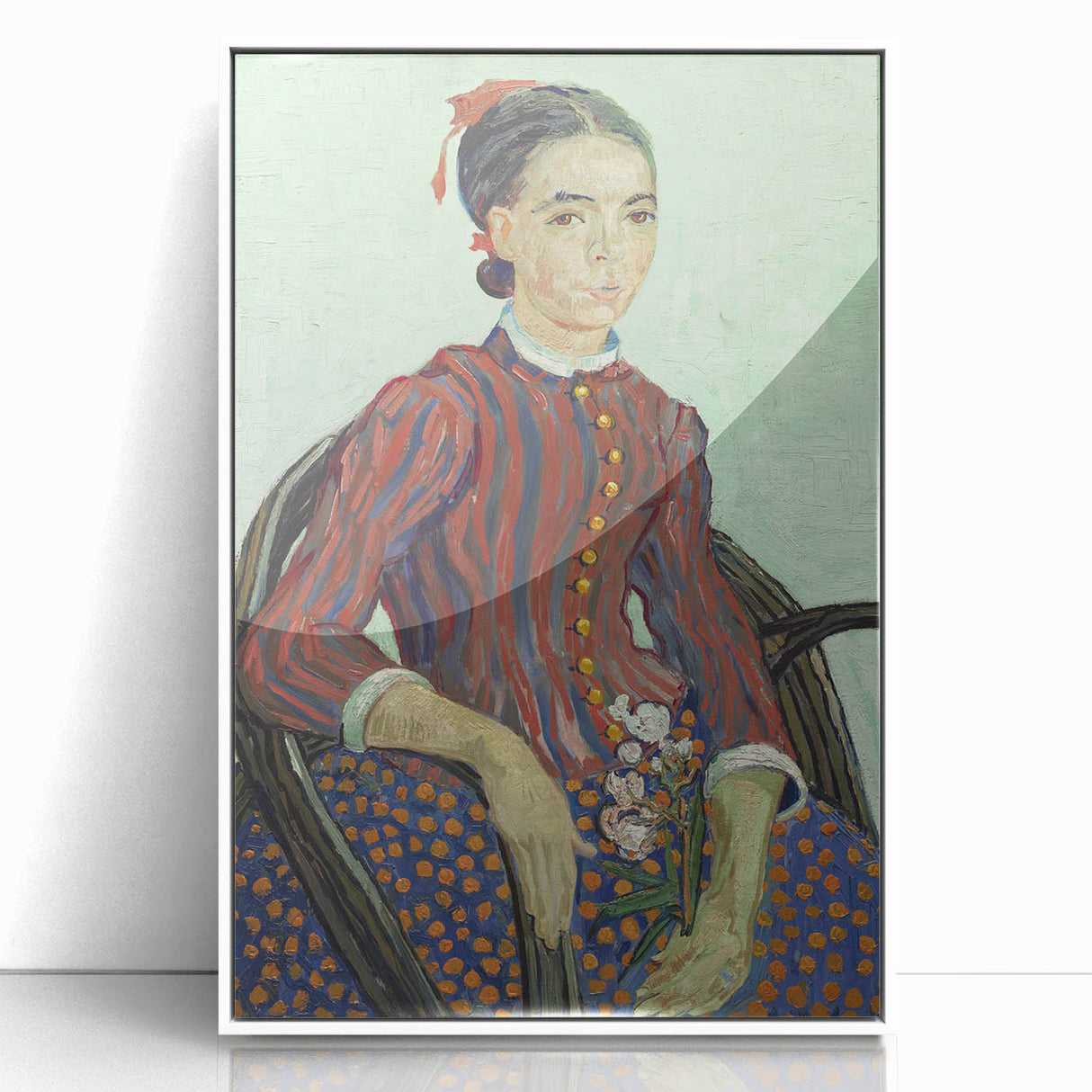 Mid-century modernist art depicting a stylized floral scene in vibrant colors on a white acrylic framed poster.