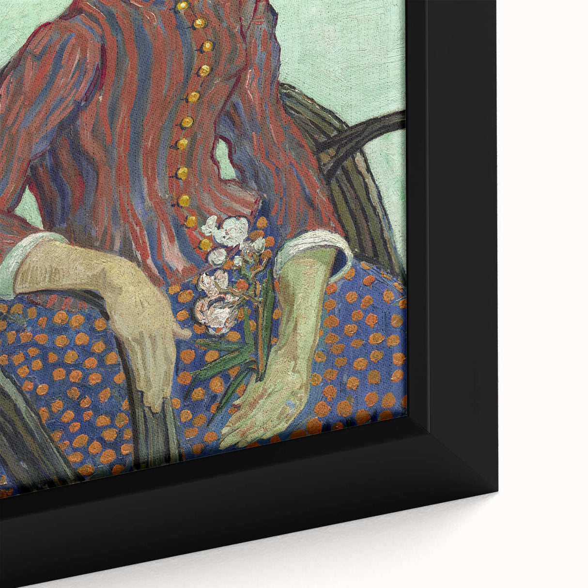 Close-up of a black framed canvas featuring a Van Gogh-inspired colorful, textured art piece.