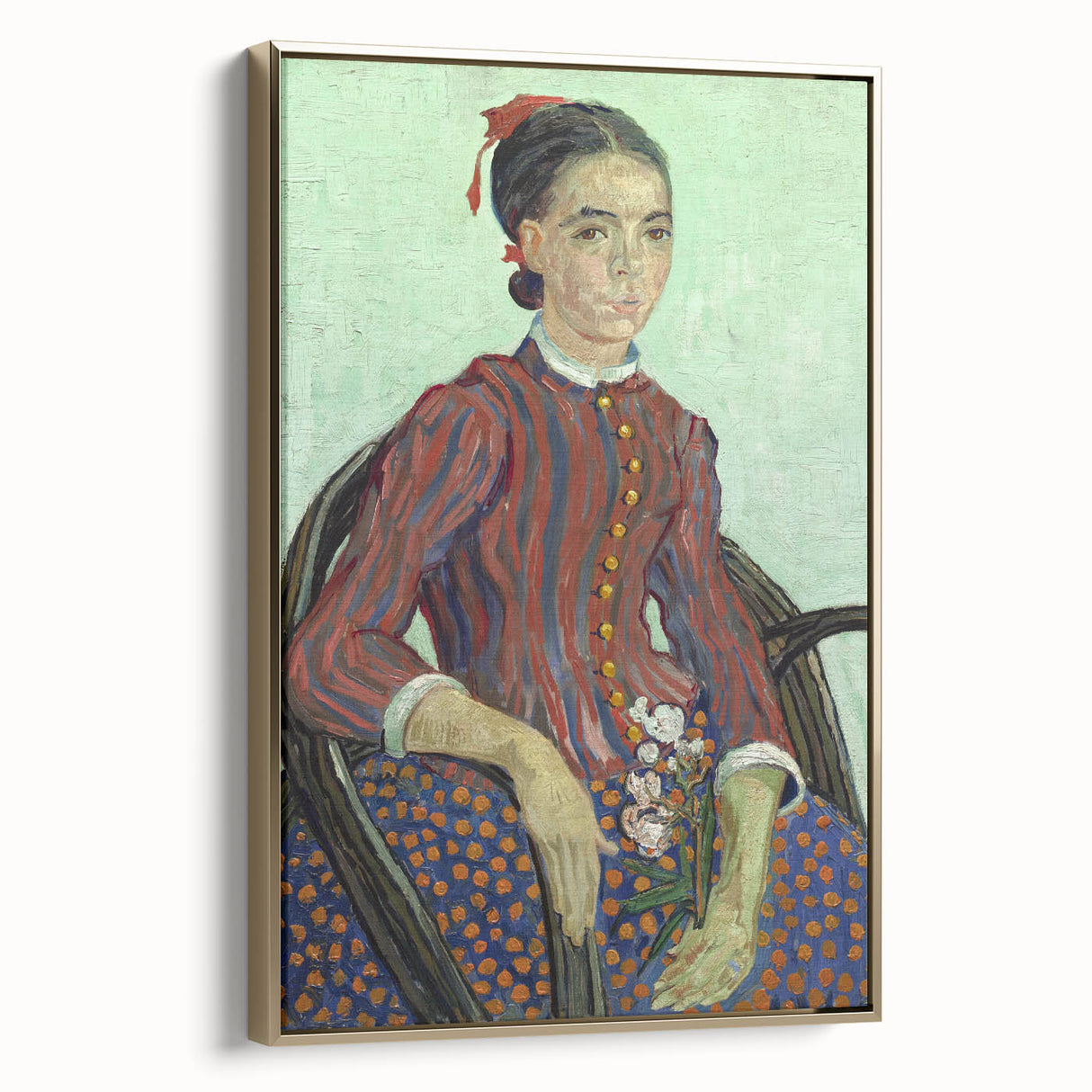 Gold-framed canvas featuring a landscape painting in muted earth tones, ideal for bedroom wall art.