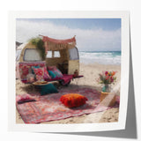 Extra large wall art featuring a vintage caravan in muted earth tones on glossy photo print, ideal for art wall dining room.