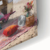 Mid-century modernist caravan in abstract style, acrylic print, ideal for dining room art.