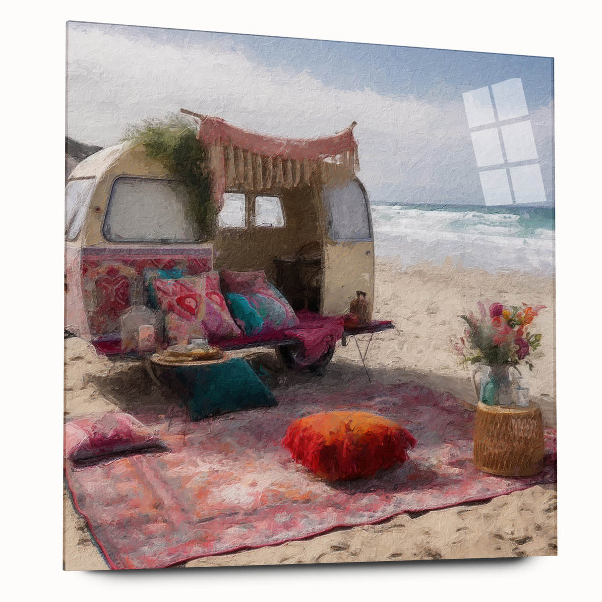 Side view of a caravan in muted earth tones on a large acrylic glass, ideal for bedroom or dining room art.