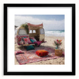 Extra large framed abstract art print of colorful, textured vehicles and caravans, ideal for living room decor.