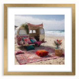 Extra large abstract art print featuring a textured caravan design in muted gold tones on a framed canvas.