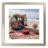 Textured abstract art print featuring a caravan, in muted earth tones on a framed silver mat, ideal for bedroom art.