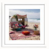 Abstract art print of a colorful caravan on white matte framed poster, suitable for dining room decor.