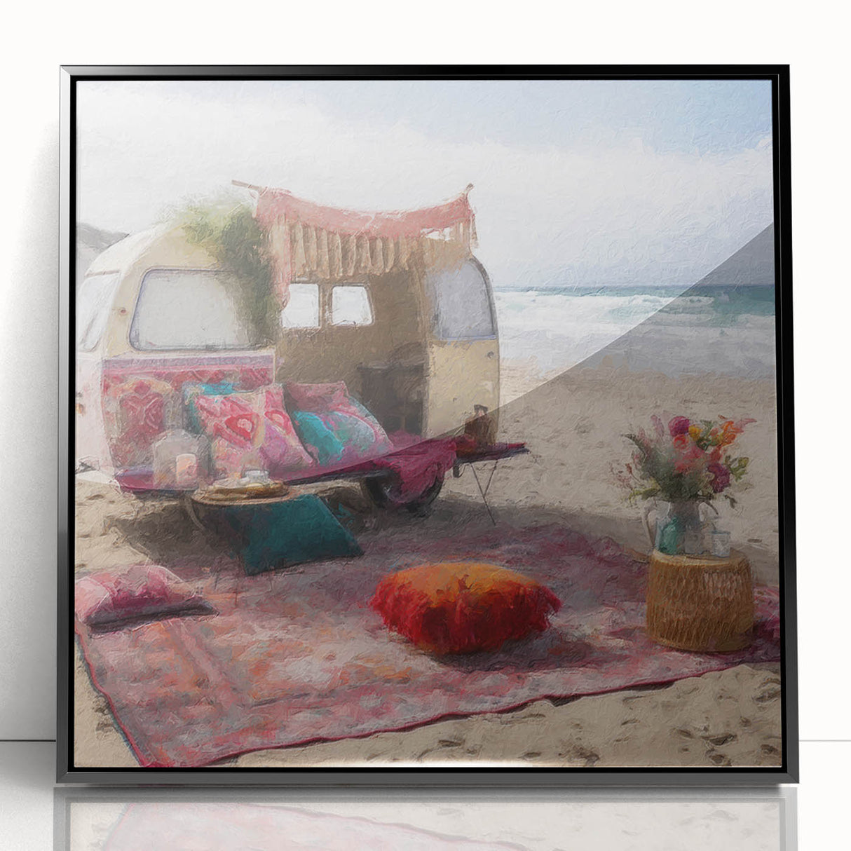 Large abstract wall art featuring a mid-century modernist caravan design in black, framed in acrylic.