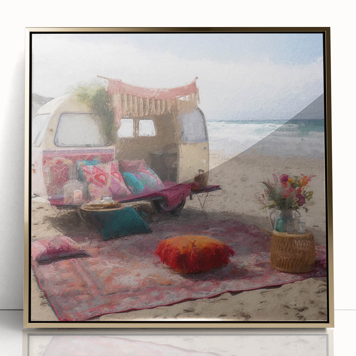 Mid-century modernist caravan art in gold and teal tones on a framed acrylic, suitable for nursery wall decor.