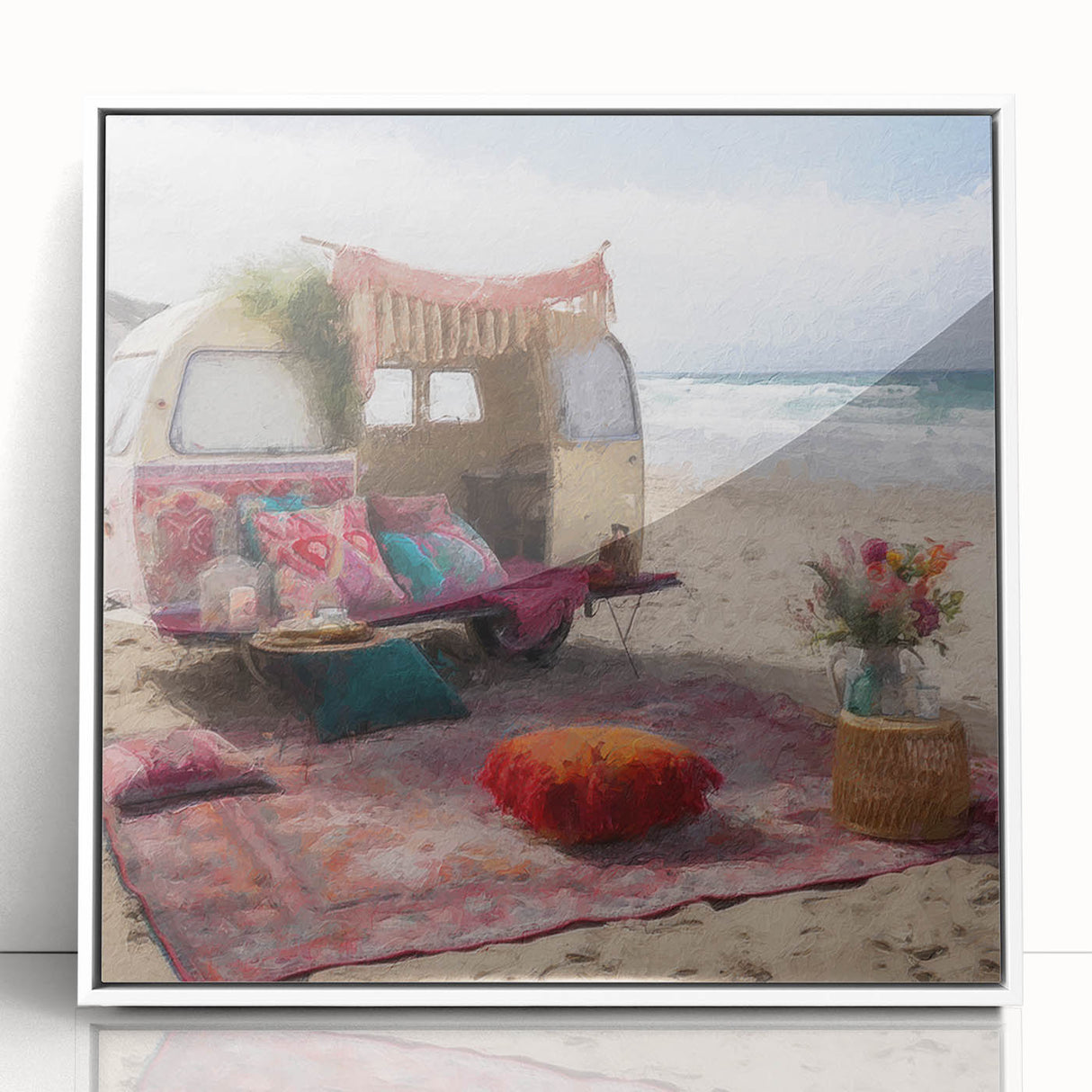 Art deco style caravan depicted in muted colors on a framed acrylic, ideal for modern nursery wall decor.