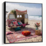 Black and white vintage poster art of a caravan on a framed canvas, ideal for bedroom wall decor.