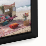 Extra large framed canvas featuring a textured, colorful caravan design on a black background, ideal for living room decor.