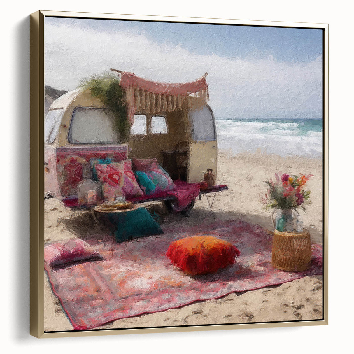 Framed canvas wall art of a vintage caravan in a landscape, depicted in silver and gold tones, suitable for bedroom decor.