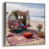 Framed canvas featuring a vintage caravan in black with colorful accents, suitable for living room decor.
