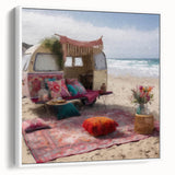 Vintage poster art of a colorful caravan on a black background, framed canvas, ideal for living room decor.