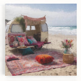 Black and white stretched canvas featuring a vintage caravan design, ideal for kitchen wall art.