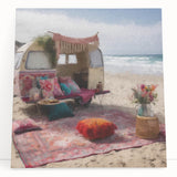 Black and white stretched canvas depicting a vintage caravan, ideal for kitchen wall art or bedroom ambiance.