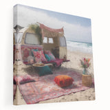 Side view of a caravan depicted in muted earth tones on a large stretched canvas, suitable for kitchen wall art.