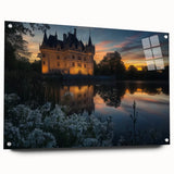 Acrylic glass landscape artwork showcasing a majestic castle view with vibrant colors, displayed with pins for an elegant presentation. Perfect for home decor enthusiasts.