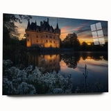 Acrylic glass artwork showcasing a side view of a stunning landscape featuring a majestic castle, highlighted by vibrant colors and intricate details, perfect for home decor.