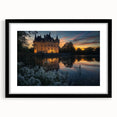 Elegant black-framed landscape artwork showcasing a majestic castle set against a serene backdrop, emphasizing intricate details and rich colors, ideal for home decor.