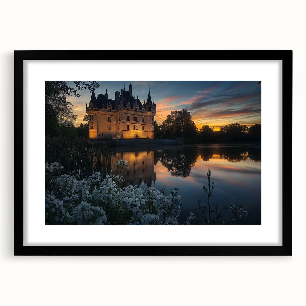 Elegant black-framed landscape artwork showcasing a majestic castle set against a serene backdrop, emphasizing intricate details and rich colors, ideal for home decor.