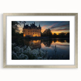 Elegant silver-framed landscape artwork depicting a majestic castle surrounded by lush greenery, featuring a mat for added depth, perfect for home decor.