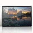 Framed acrylic artwork depicting a serene landscape with a castle, featuring a sleek black frame and high-quality finish, ideal for home decor or office settings.