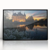 Framed acrylic artwork depicting a serene landscape with a castle, featuring a sleek black frame and high-quality finish, ideal for home decor or office settings.