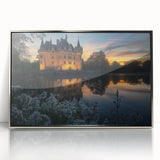 Framed acrylic artwork showcasing a majestic castle landscape, highlighted by intricate details and a silver frame, perfect for enhancing home decor.