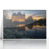 Framed acrylic artwork depicting a stunning landscape scene with a majestic castle, presented in a sleek white frame, perfect for home decor enhancement.