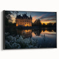 Framed canvas artwork depicting a picturesque landscape with a majestic castle, elegantly showcased in a black frame, ideal for enhancing home decor.