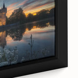 Close-up of a beautifully framed canvas depicting a vibrant landscape featuring a majestic castle surrounded by lush greenery, showcasing intricate details and rich colors, ideal for home decor.