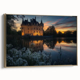 Framed canvas artwork depicting a stunning landscape with a majestic castle, accented by a gold frame, ideal for enhancing home decor and elegance.